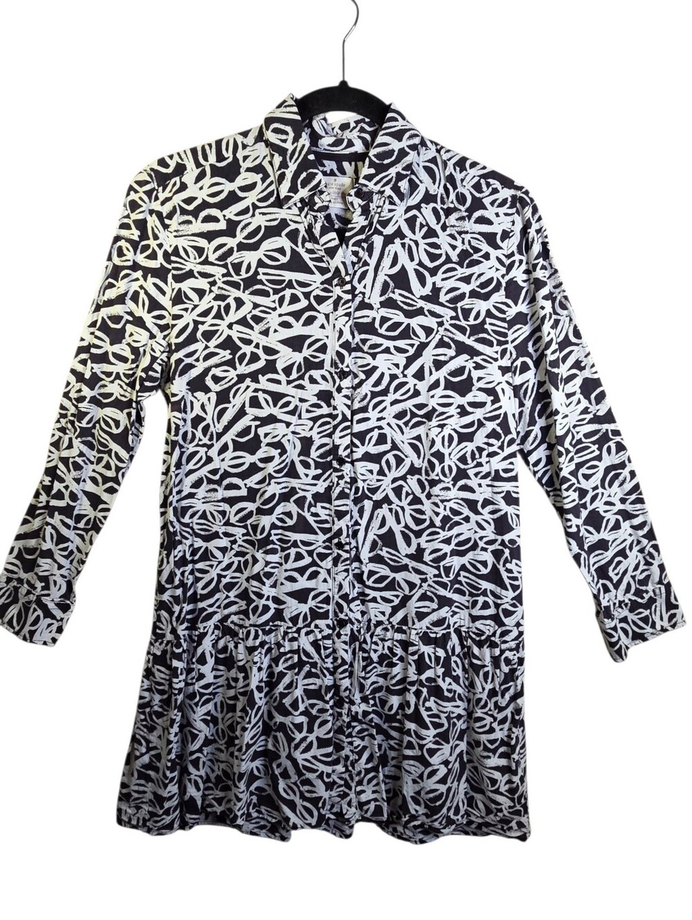 Kate Spade EyeGlass Print SleepShirt Dress Button Down Black White Peplum Small
